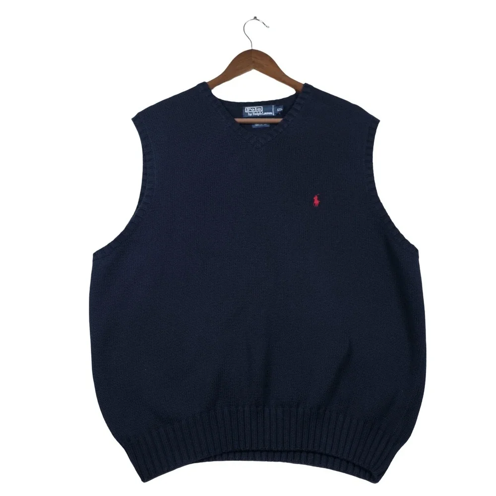 Polo Ralph Lauren‎ XXL Navy Blue Pima Cotton Sweater Vest Red Pony V-Neck Preppy